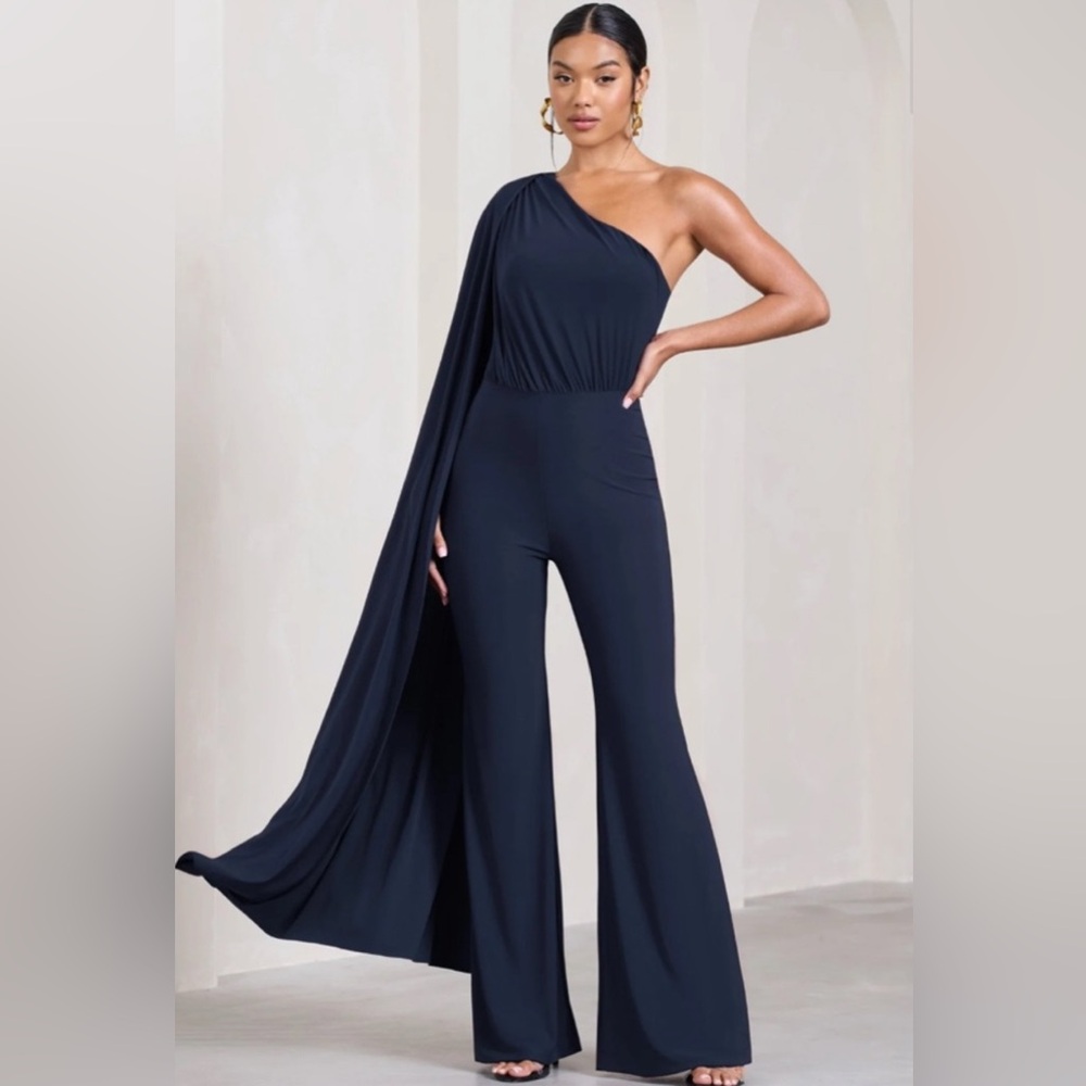 Club L London Navy One Shoulder Cape Sleeve Jumpsuit